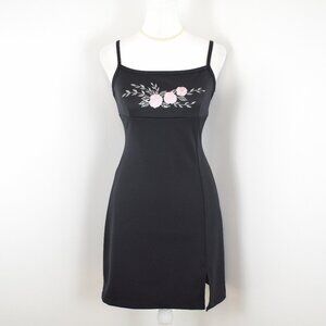 VTG 90s Y2K Misope USA Black Floral Embroidered Mini Sheath Dress Sz Junior's S